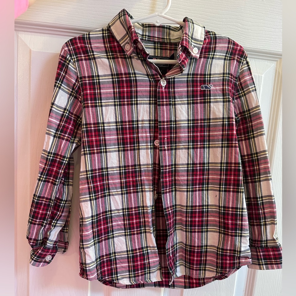Vineyard Vines Boys white, green & red plaid button down